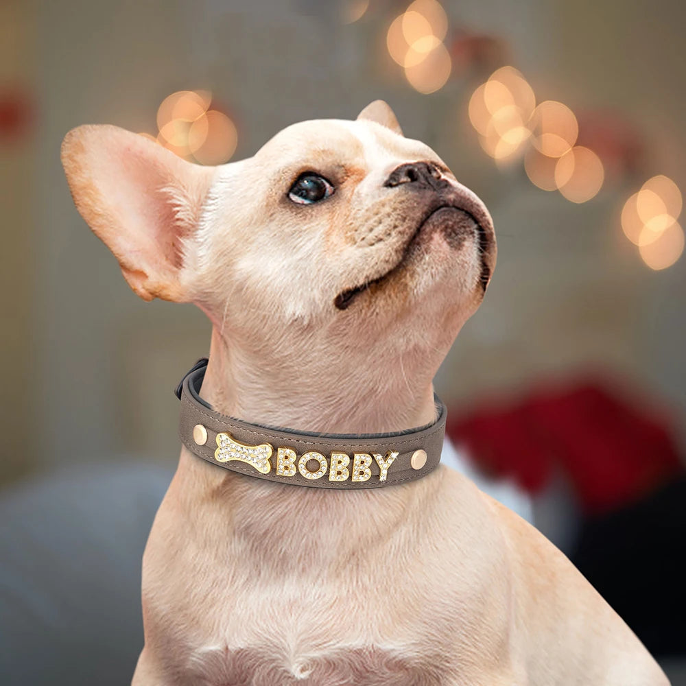 Personalized Leather Dog Collar – Custom Name Charm | S, M, L