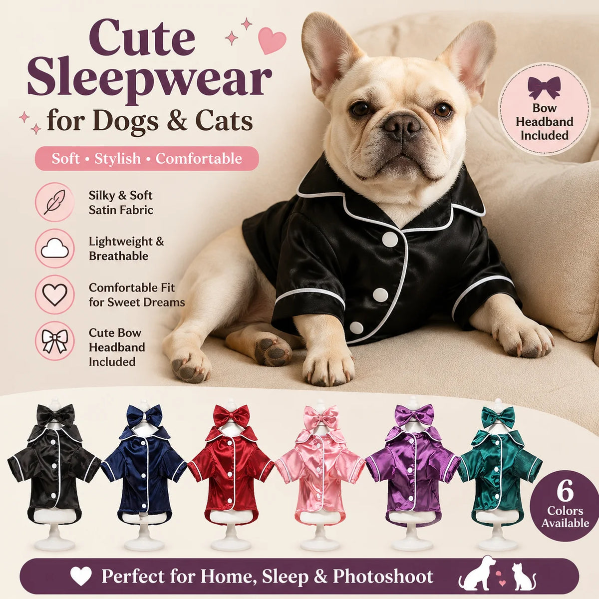 Dog Pajamas Set with Bow Headband