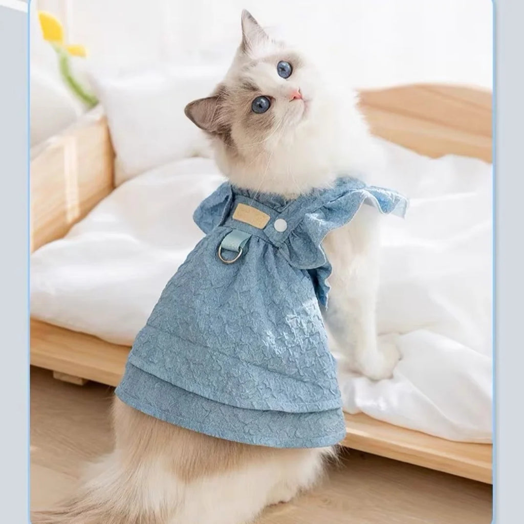 Denim Ruffled Sleeveless Dog Dress with Harness D-Ring