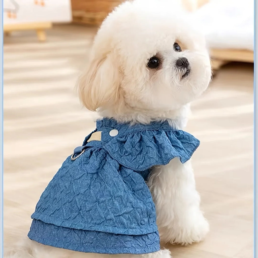 Denim Ruffled Sleeveless Dog Dress with Harness D-Ring