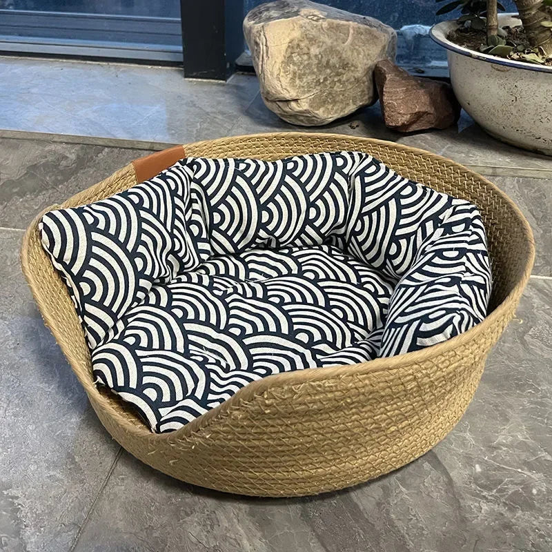 Bamboo Woven Waterproof Pet Bed with Pillow