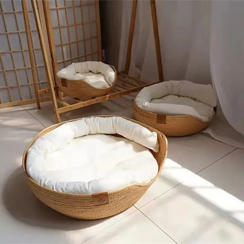 Bamboo Woven Waterproof Pet Bed with Pillow