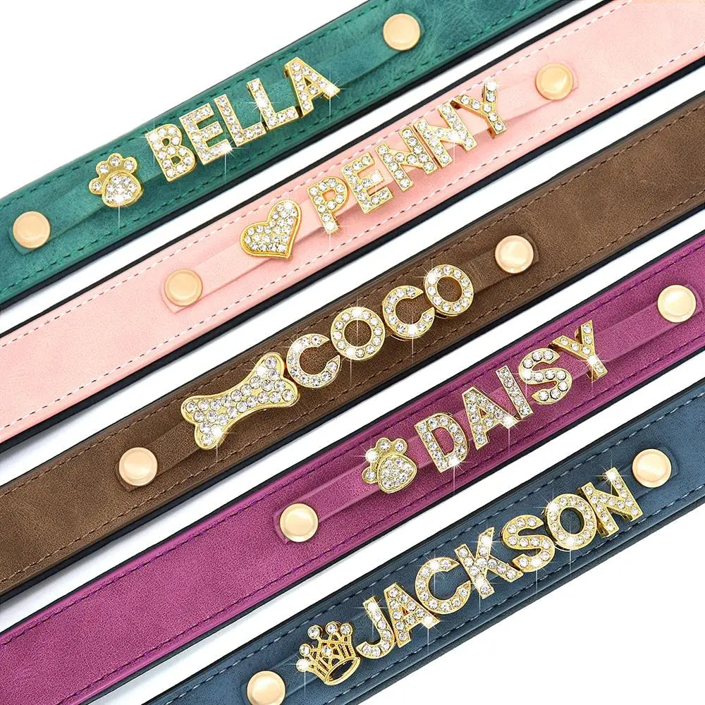 Personalized Leather Dog Collar – Custom Name Charm | S, M, L