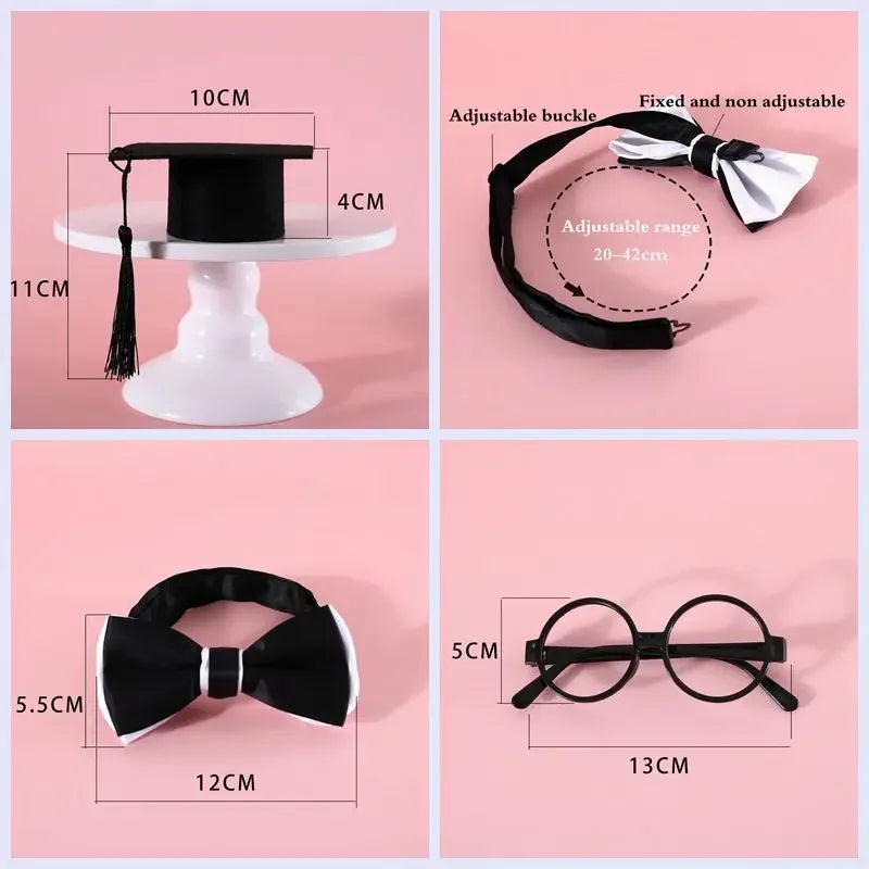 Cute Graduation Halloween Pet Costume Set with Glasses, Hat, and Bowtie