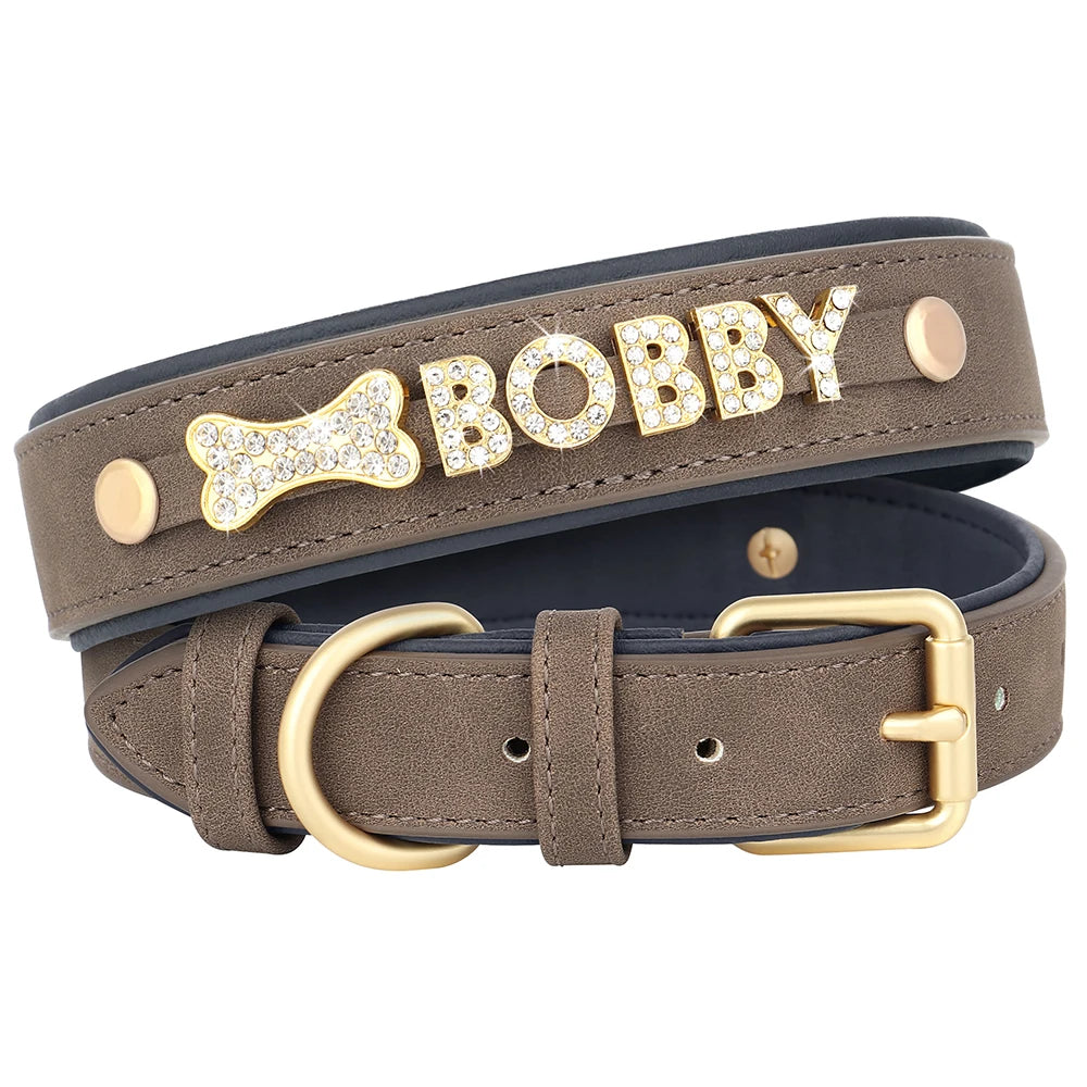 Personalized Leather Dog Collar – Custom Name Charm | S, M, L