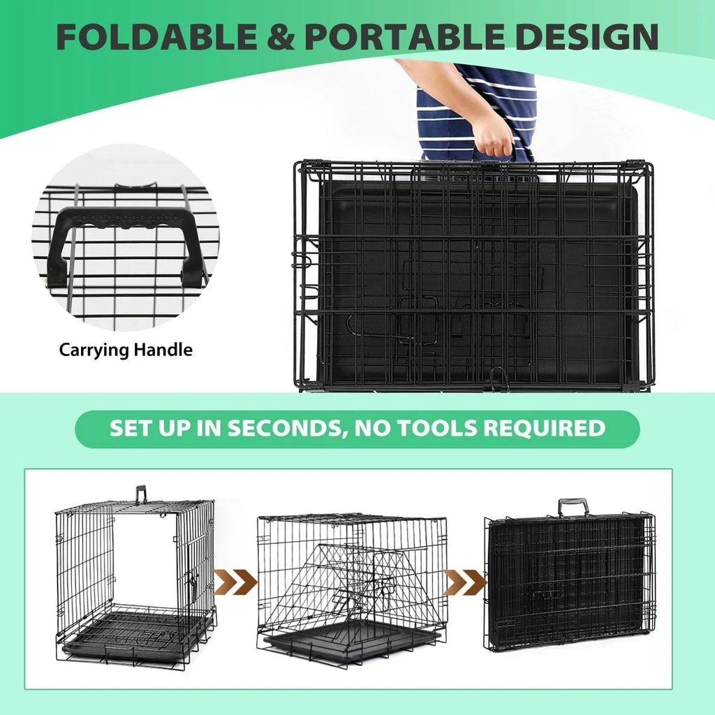 Collapsible Dog Kennel | Foldable Metal Crate with 2 Doors