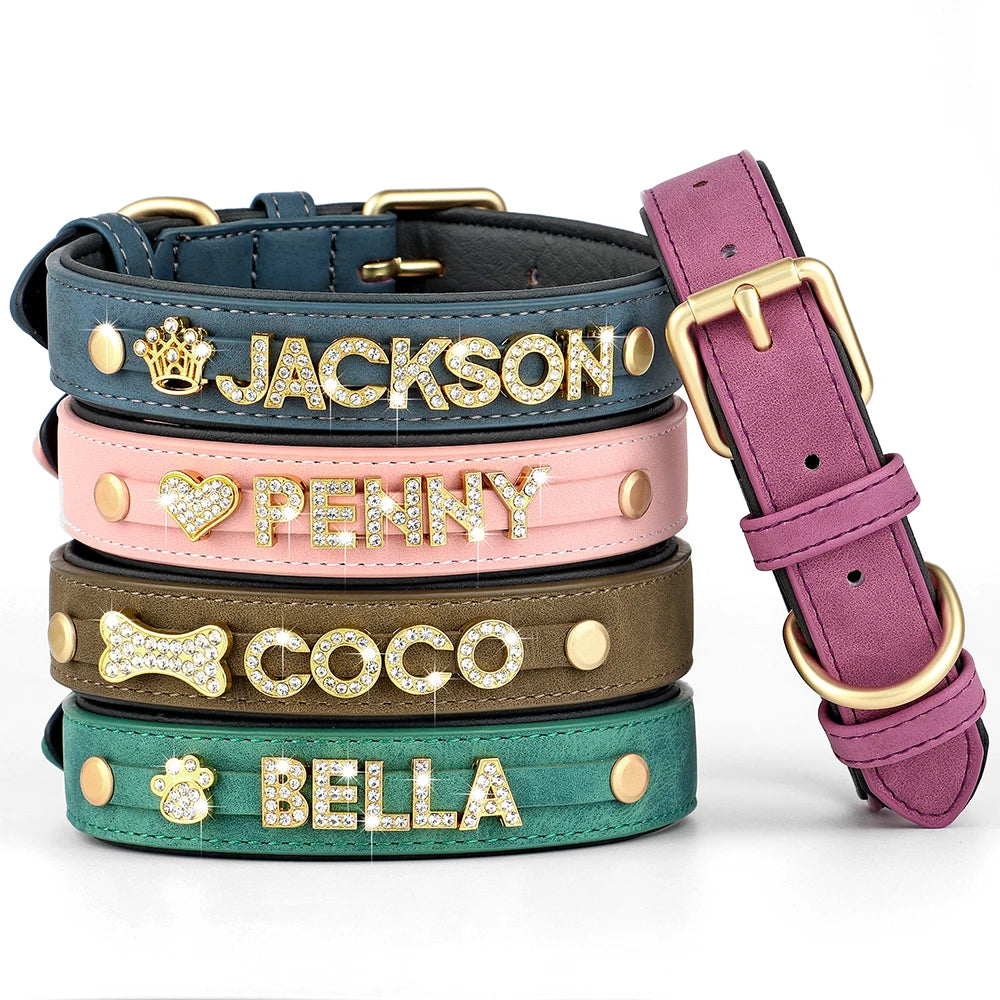 Personalized Leather Dog Collar – Custom Name Charm | S, M, L