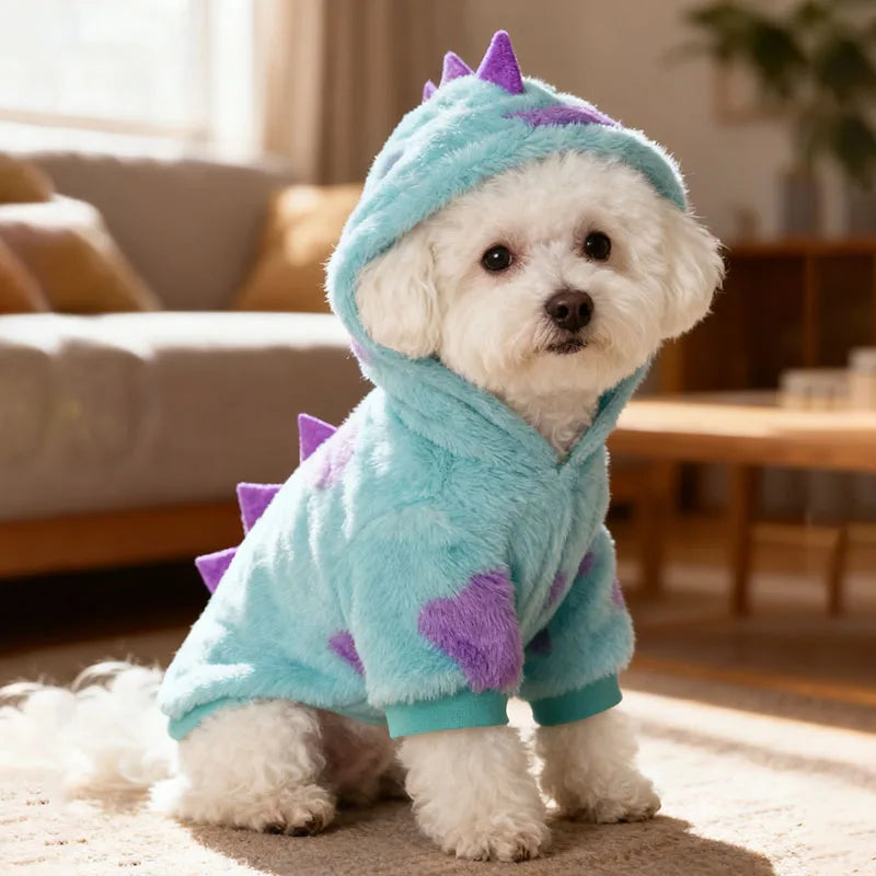 Dinosaur Hoodie for Dogs – Warm Plush Winter Pet Sweater