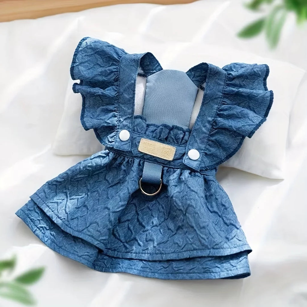 Denim Ruffled Sleeveless Dog Dress with Harness D-Ring