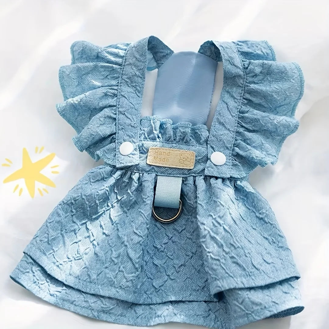 Denim Ruffled Sleeveless Dog Dress with Harness D-Ring