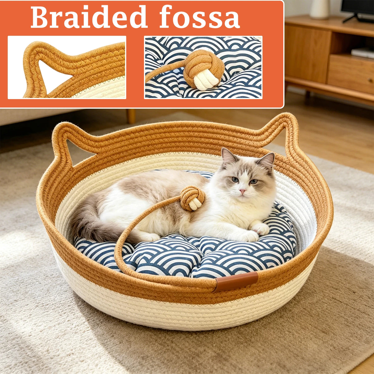 Round Hand Woven Wear-resistant Cat Bed