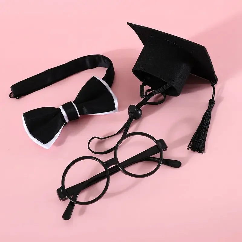 Cute Graduation Halloween Pet Costume Set with Glasses, Hat, and Bowtie