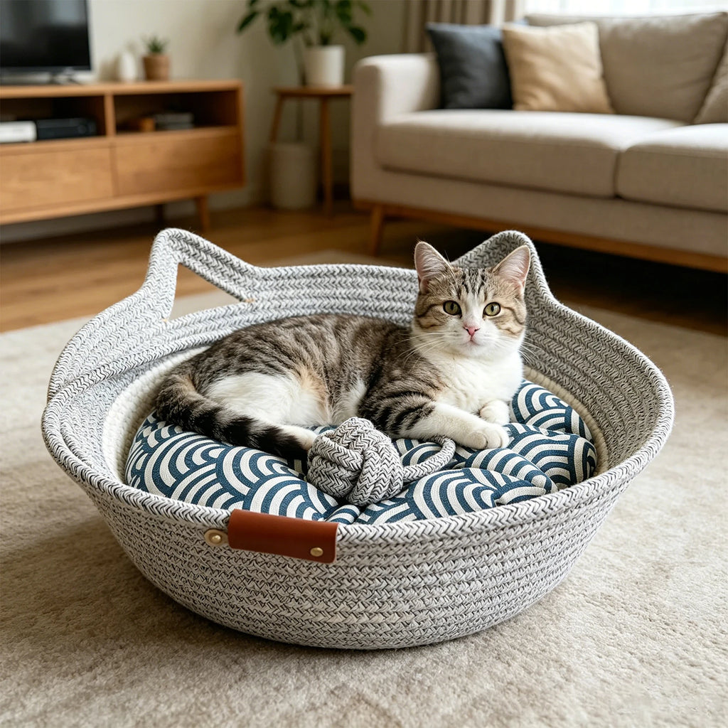 Round Hand Woven Wear-resistant Cat Bed