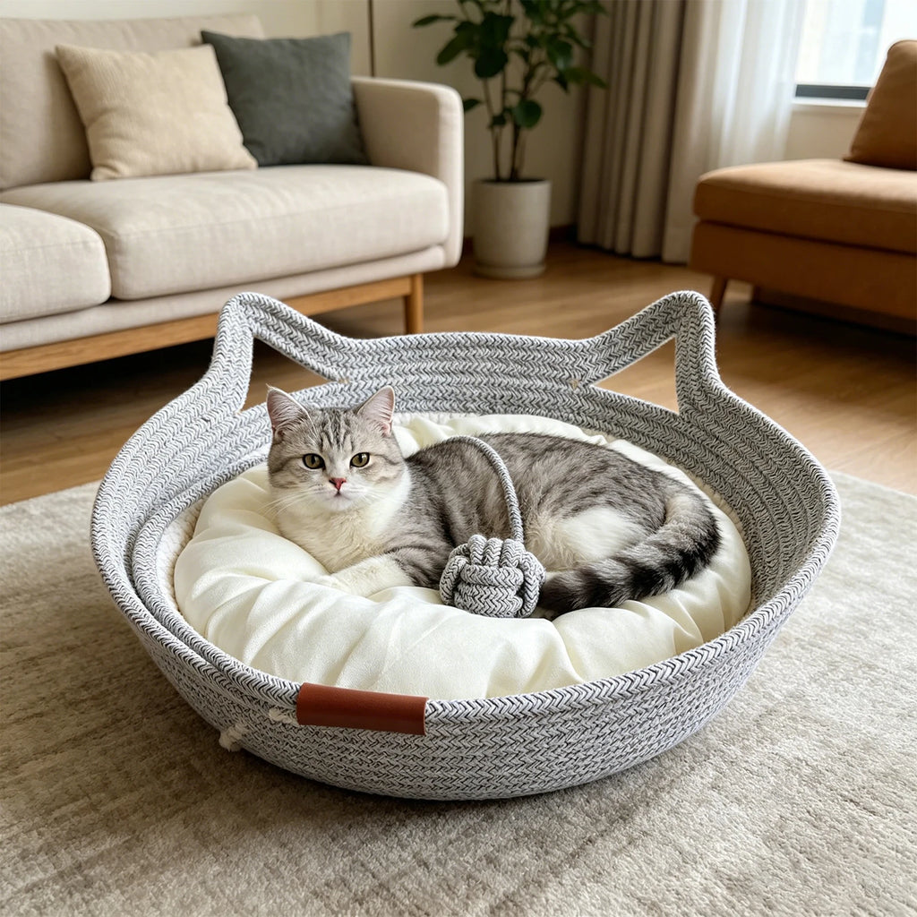 Round Hand Woven Wear-resistant Cat Bed