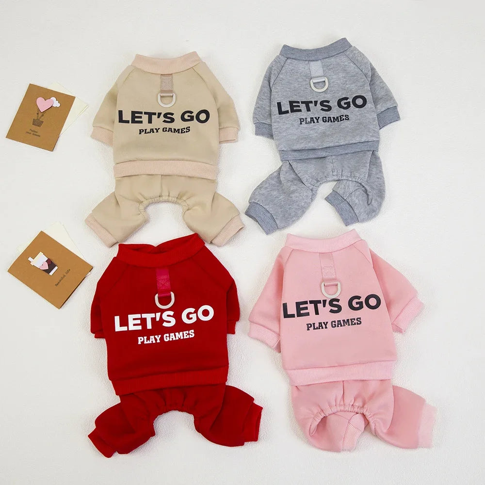 Warm Four-Legged Dog Pajamas with Leash D-Ring